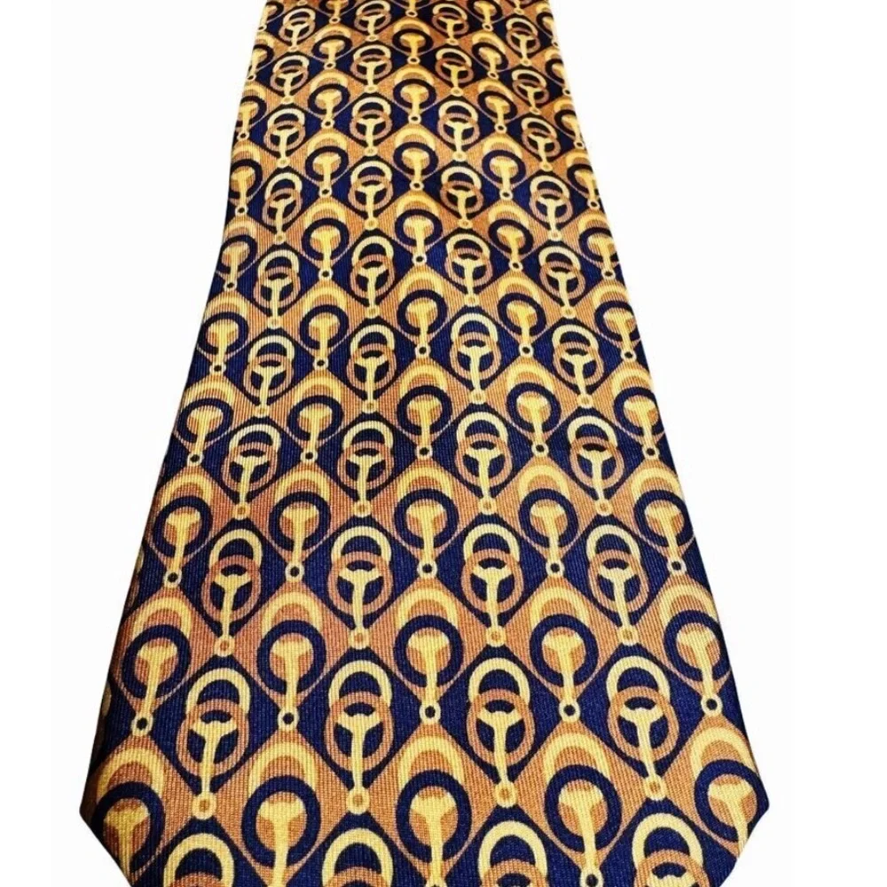 Gucci Mens Vintage Silk Tie With Geometric Pattern In Yellow & Navy- - Picture 2 of 4